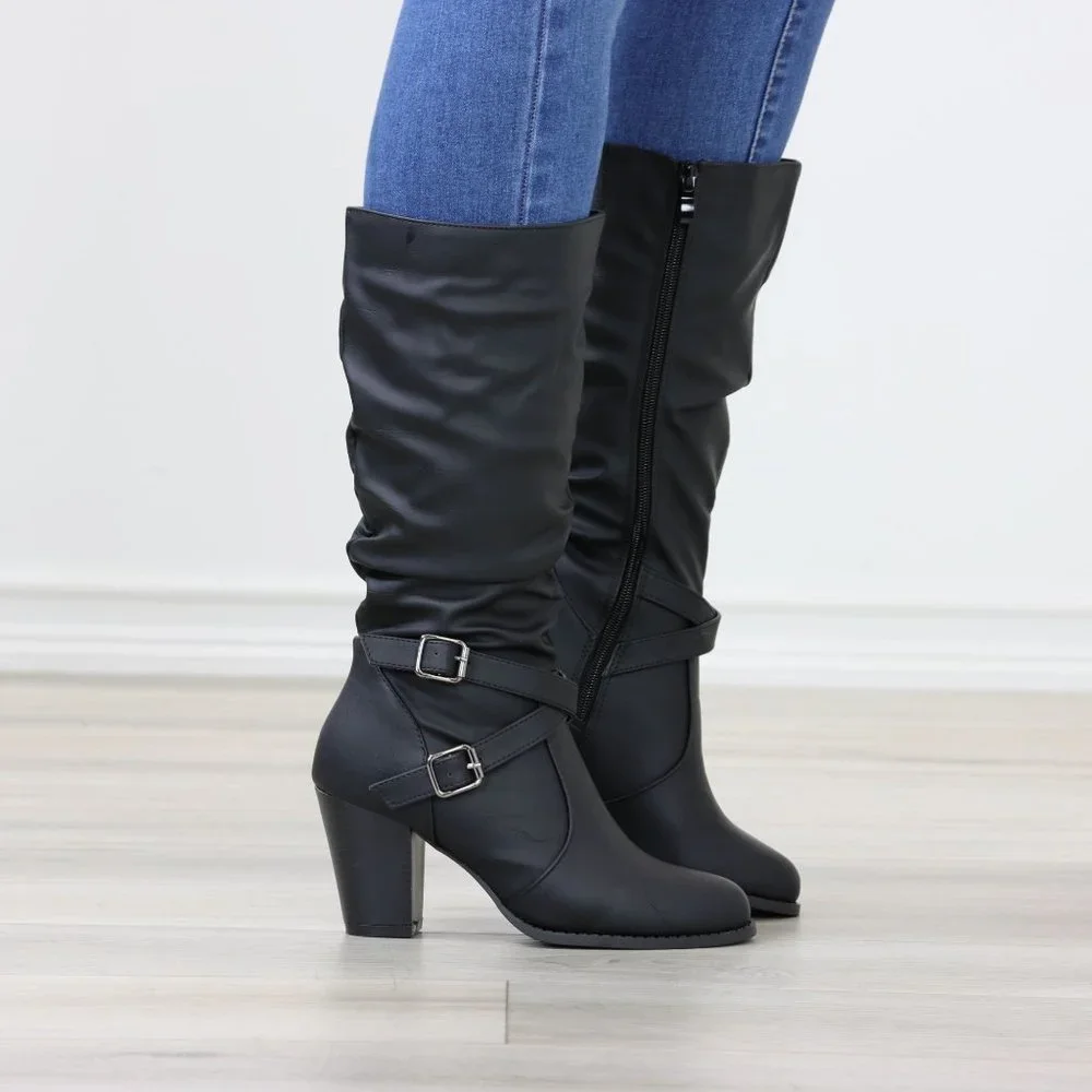 Black Mid Calf Block Heeled Boots Synthetic Leather Pointed Toe Womens - Picture 3 of 15